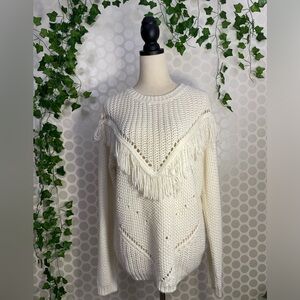NULABEL, WOMEN, WHITE SWEATER LONG SLEEVES FRINGES SIZE L. 28.5’inch